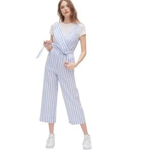 GAP Linen Blend Jumpsuit Stripe Blue White Wide Leg Cropped Wrap V-Neck Size 4